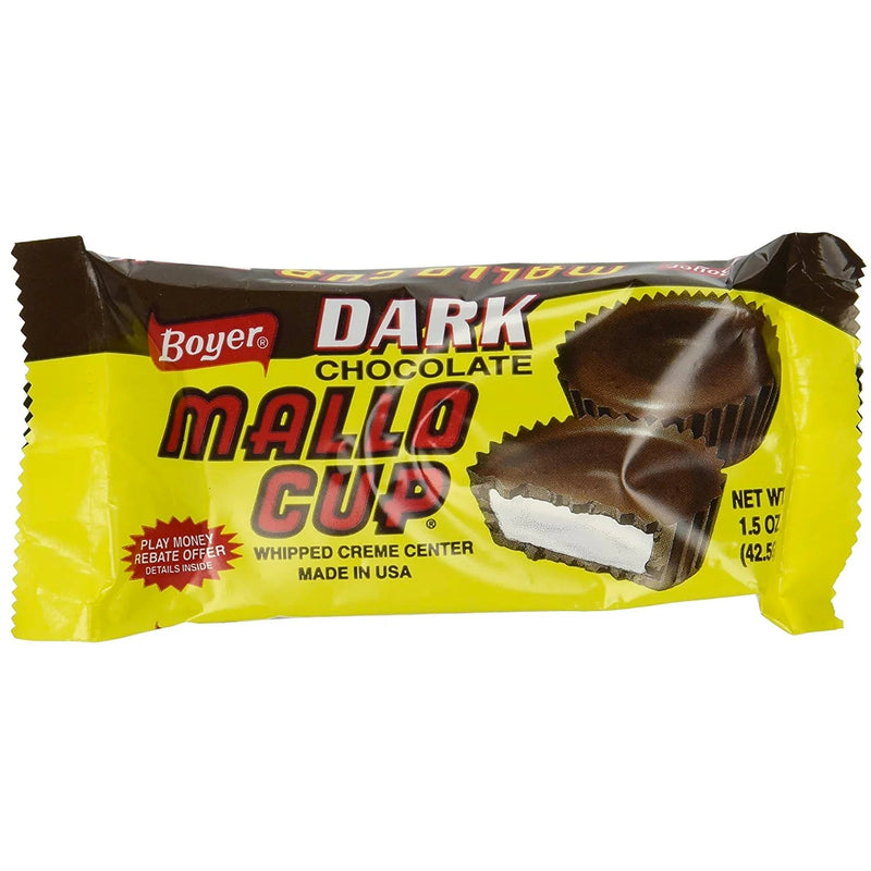 Dark chocolate Mallo Cup candy bar packaging on a white background